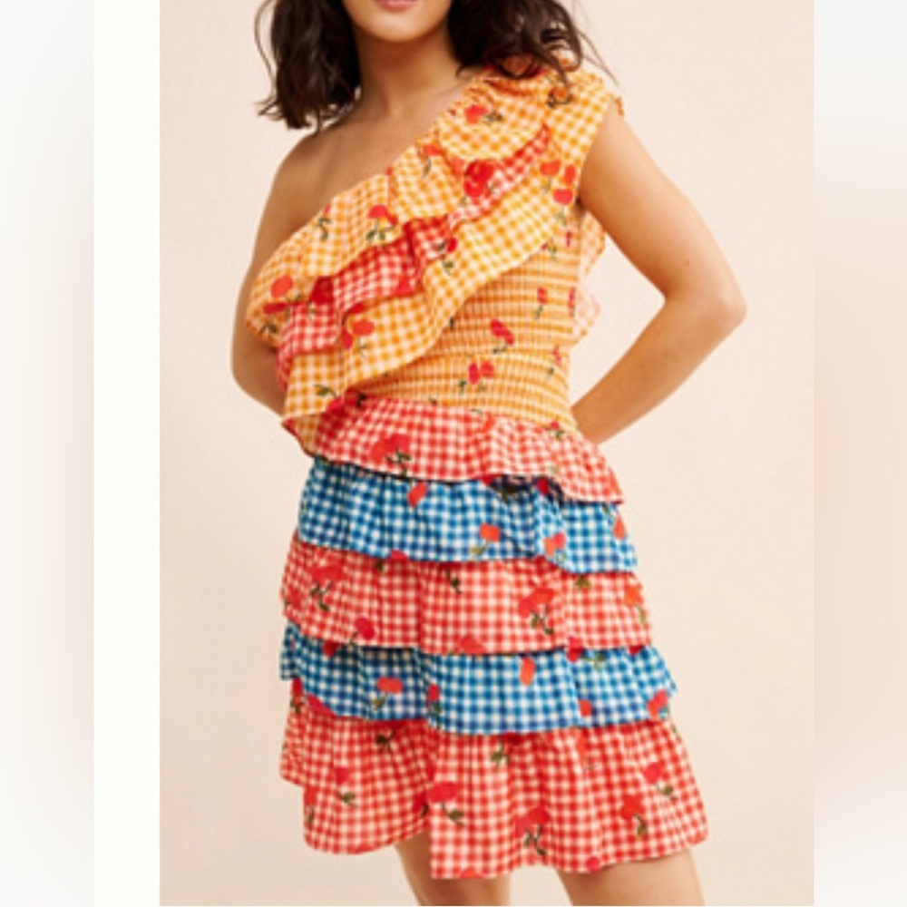 FARM Rio One-Shoulder Gingham Ruffle Mini Dress in Yellow, Red & Blue